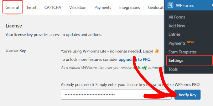verify key in WPForms 