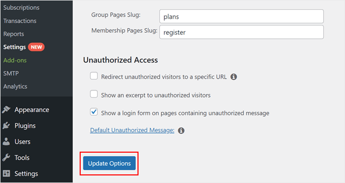 Clicking the Update Options button in MemberPress settings