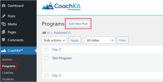 Adding a new program in MemberPress' CoachKit