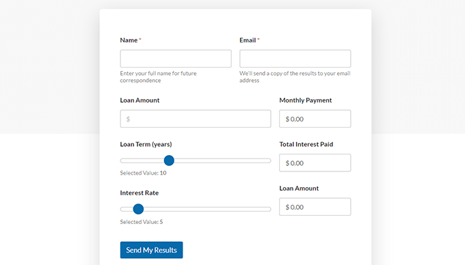Example of a loan calculator tool created with WPForms