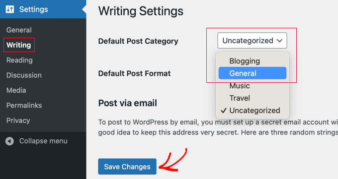 Choosing the Default Category in Writing Settings