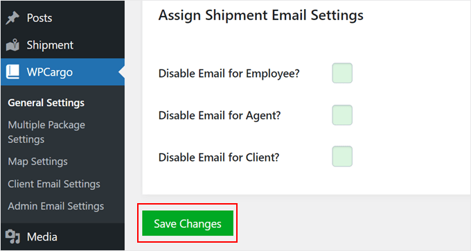 Clicking save changes in WPCargo