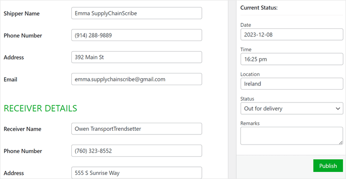 Updating the shipment status in WPCargo