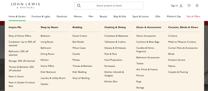 An example of an eCommerce mega menu