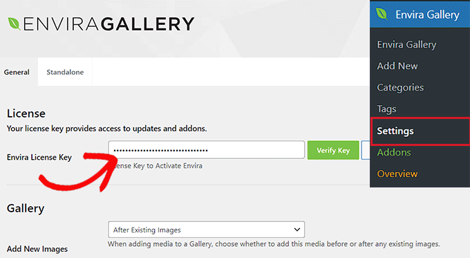 Ajouter la clé de licence Envira Gallery
