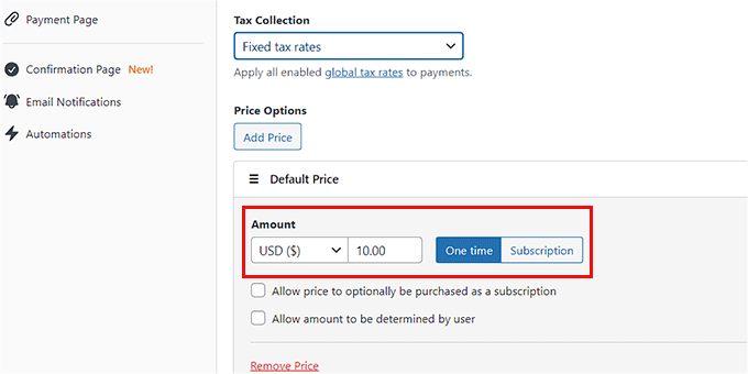Add default price in the payment form