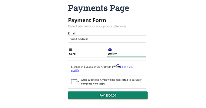 Affirm payment page preview