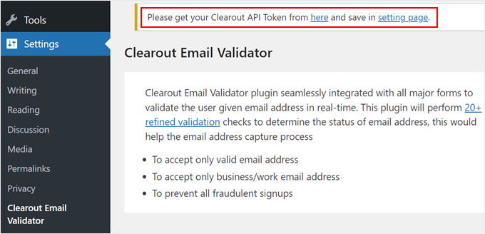 Clearout Email Validator's notification message about getting an API token