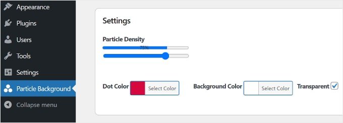 Configuring the Particle Background WP's animated particle background settings