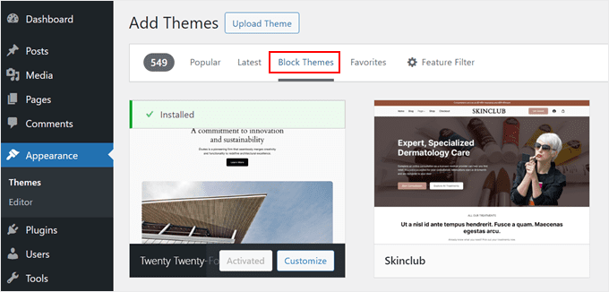 Finding WordPress block themes in the admin area