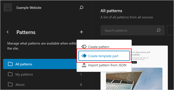 Creating a new template part in the Full Site Editor