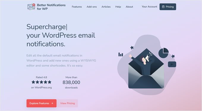 The homepage of Better Notifications for WordPress plugin