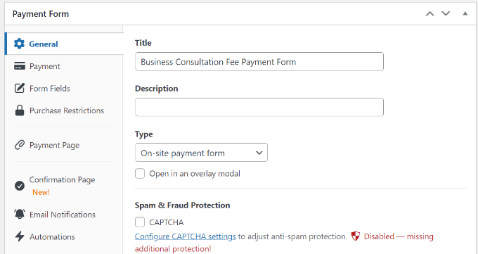 Edit general payment form settings