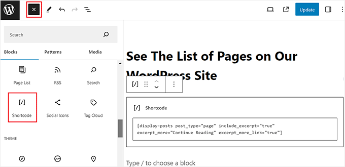 Ajouter le shortcode de l'extrait de page dans l'éditeur de blocs